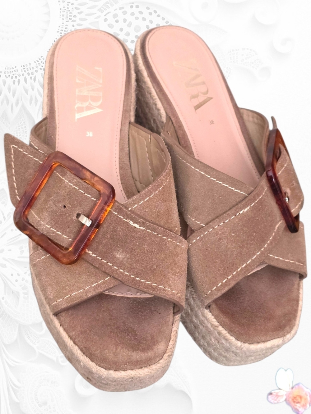Zara Suede Platform Espadrille Slides Tortoise Buckle EU 38 7.5-8